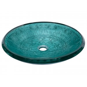 Teal Glass Vessel Sink With Embossed Pattern