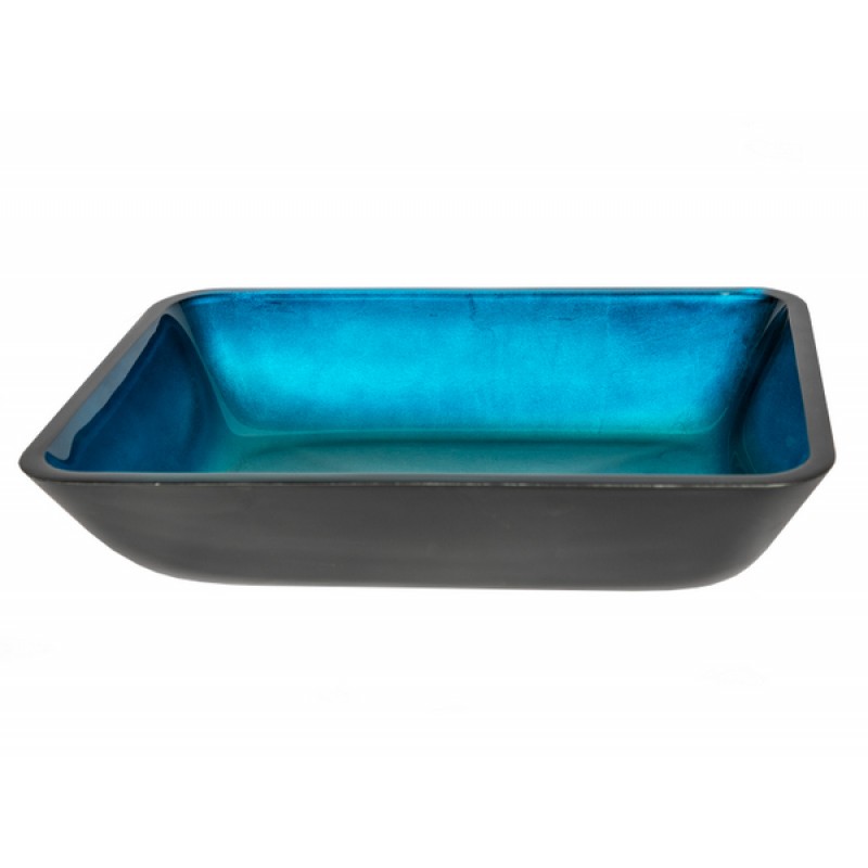 Rectangular Turquoise Blue Foil Glass Vessel Sink with Black Exterior