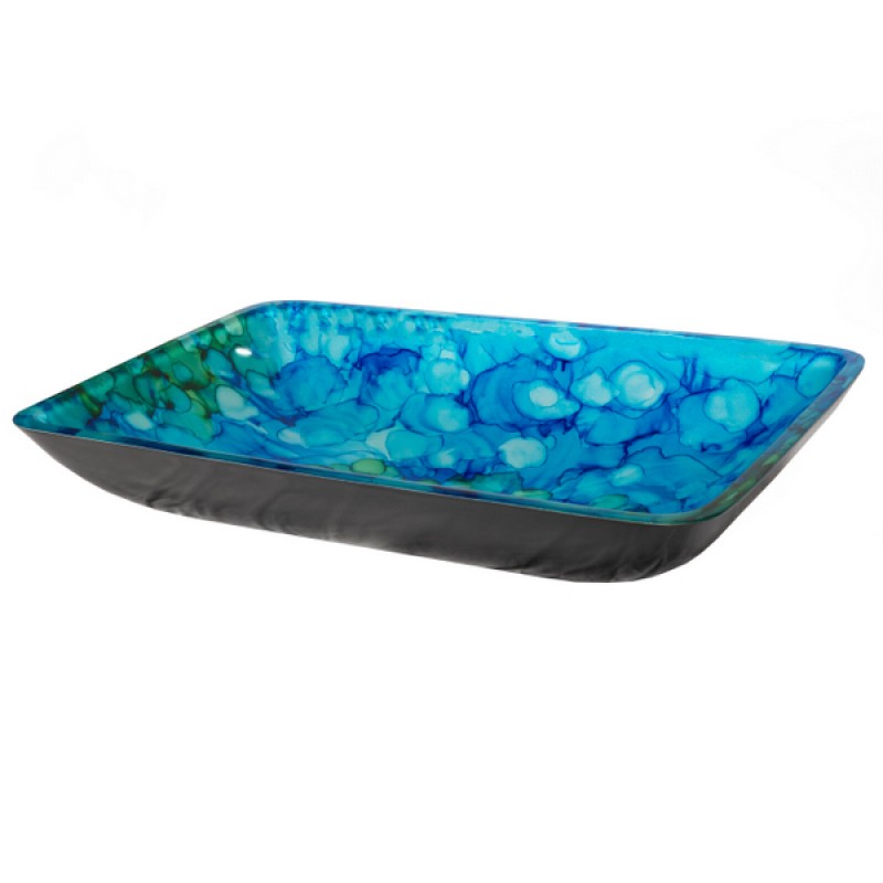 Blue and Green Water Lilies Rectangular Glass Vessel Sink