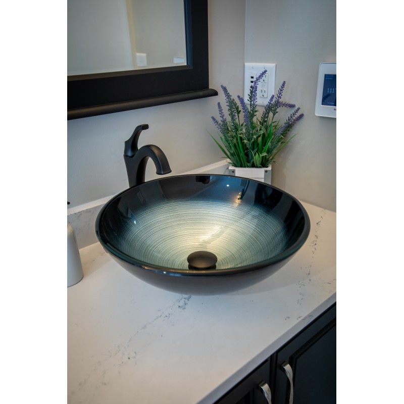 Silver and Blue Rings Glass Vessel Sink