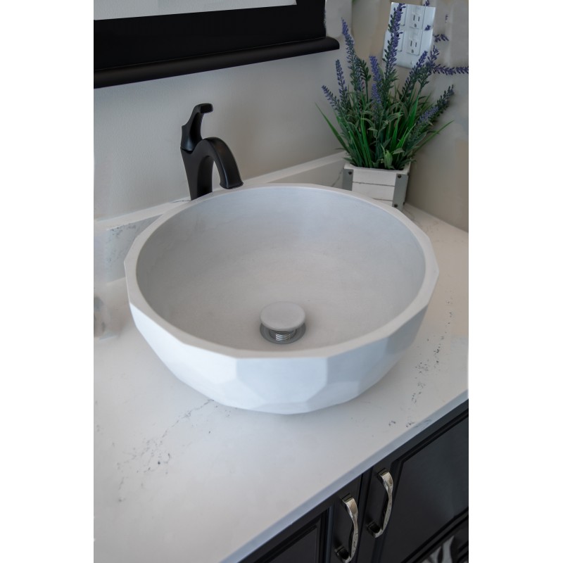 Round Concrete Vessel Sink with Hexagon Patterned Exterior - Light Earthen Gray