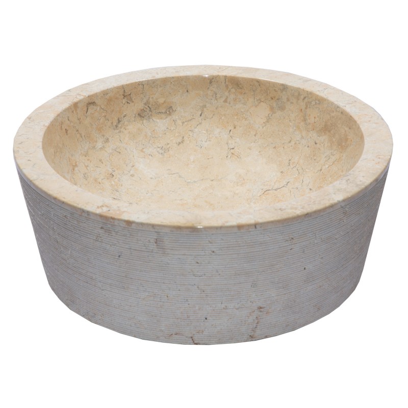 Bahia Round Beige Marble Vessel Sink with Ridged Exterior