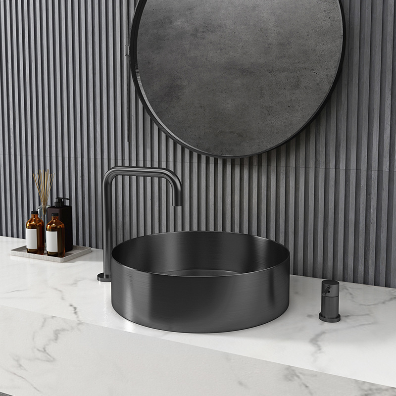 Round 15-in Stainless Steel Vessel Sink in Black with Drain